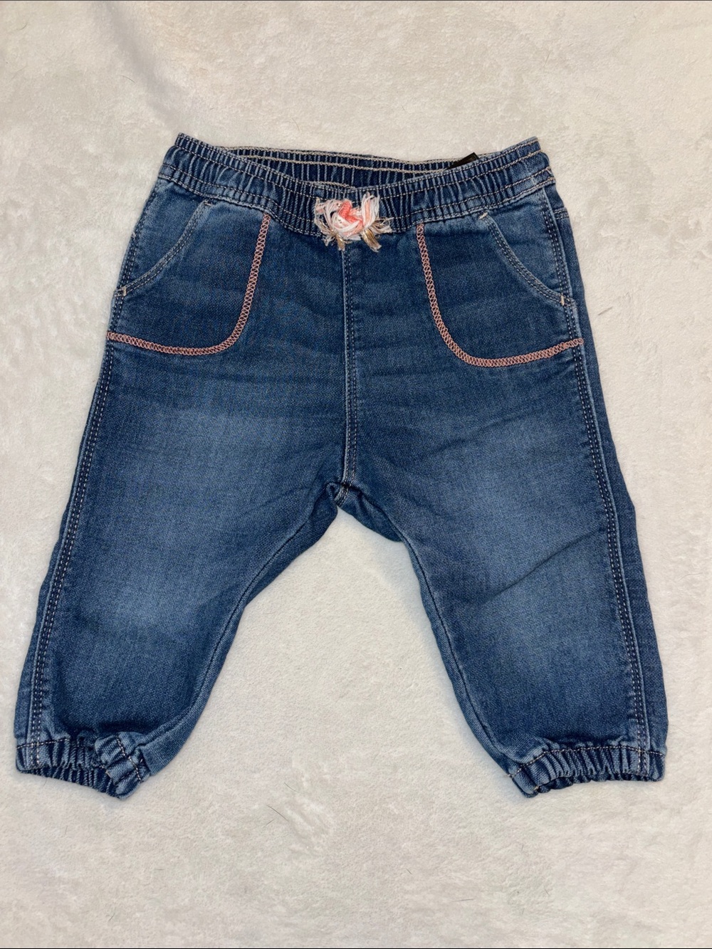 H&M Girls Dark Blue Denim Elastic Waist Joggers with Pink Stitching
